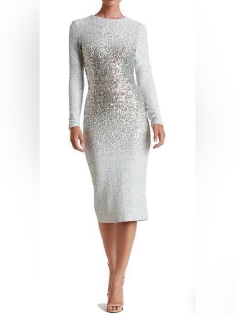 Dress the Population Silver Sequin Midi Dress with Long Sleeves